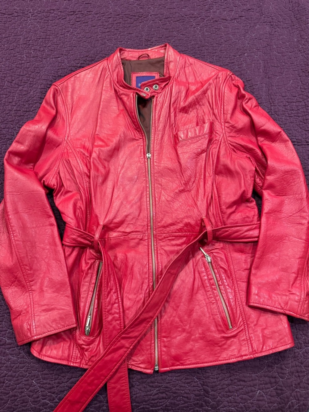 Women's Red Leather Belted Jacket